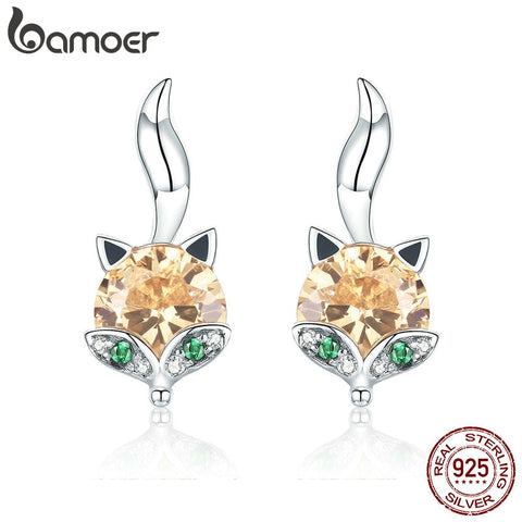 BAMOER 925 Sterling Silver Cute Crystal Fox Stud Earrings for Women Animal fox Fashion Earrings Sterling Silver Jewelry SCE527