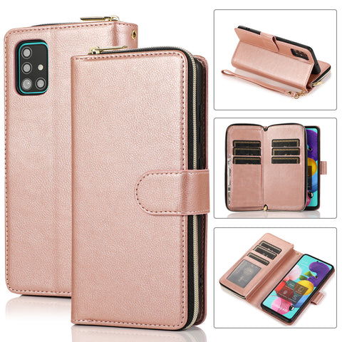 For Samsung A01/A21/A31/A41/A51 Pu Leather  Mobile Phone Cover Zipper Card Bag + Wrist Strap Rose gold