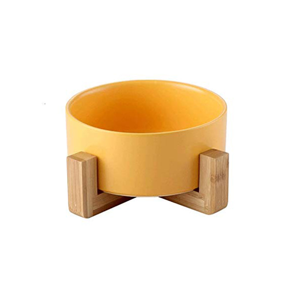 Large Capacity Pet Ceramic Feeding Bowl with Wood Frame for Cat Dog Food Yellow