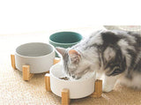 Large Capacity Pet Ceramic Feeding Bowl with Wood Frame for Cat Dog Food Green