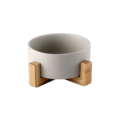 Large Capacity Pet Ceramic Feeding Bowl with Wood Frame for Cat Dog Food Gray