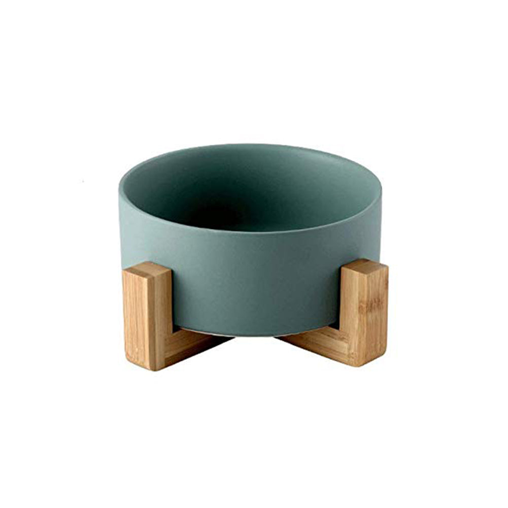 Large Capacity Pet Ceramic Feeding Bowl with Wood Frame for Cat Dog Food Green