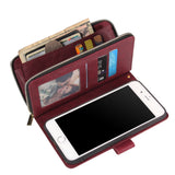 For Iphone 6/6s/6 Plus/6s Plus/7 Plus/8 Plus Pu Leather  Mobile Phone Cover Zipper Card Bag + Wrist Strap Red wine