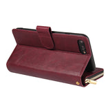 For Iphone 6/6s/6 Plus/6s Plus/7 Plus/8 Plus Pu Leather  Mobile Phone Cover Zipper Card Bag + Wrist Strap Red wine