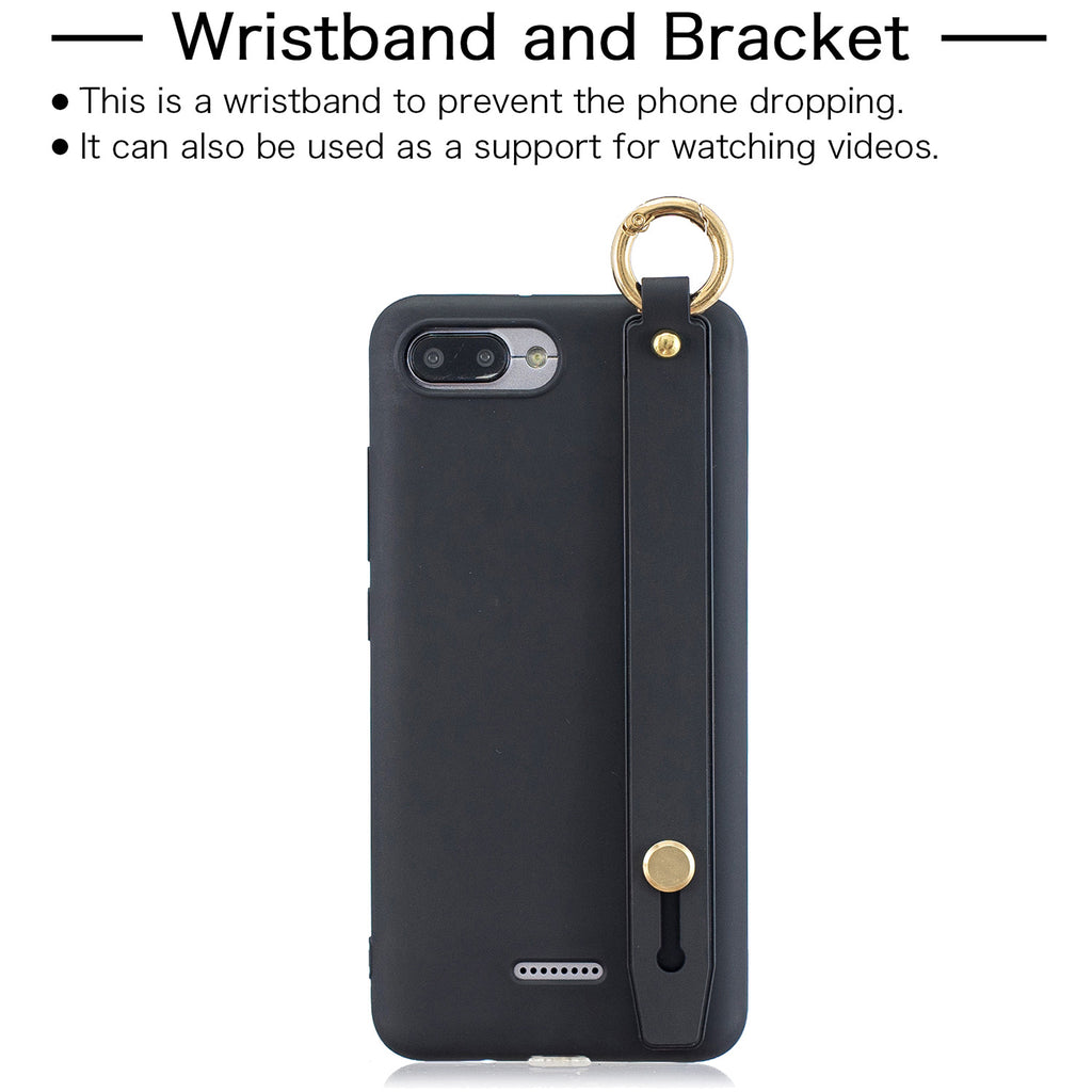 For Redmi 6A Simple Solid Color Chic Wrist Rope Bracket Matte TPU Anti-scratch Non-slip Protective Cover Back Case 1 black