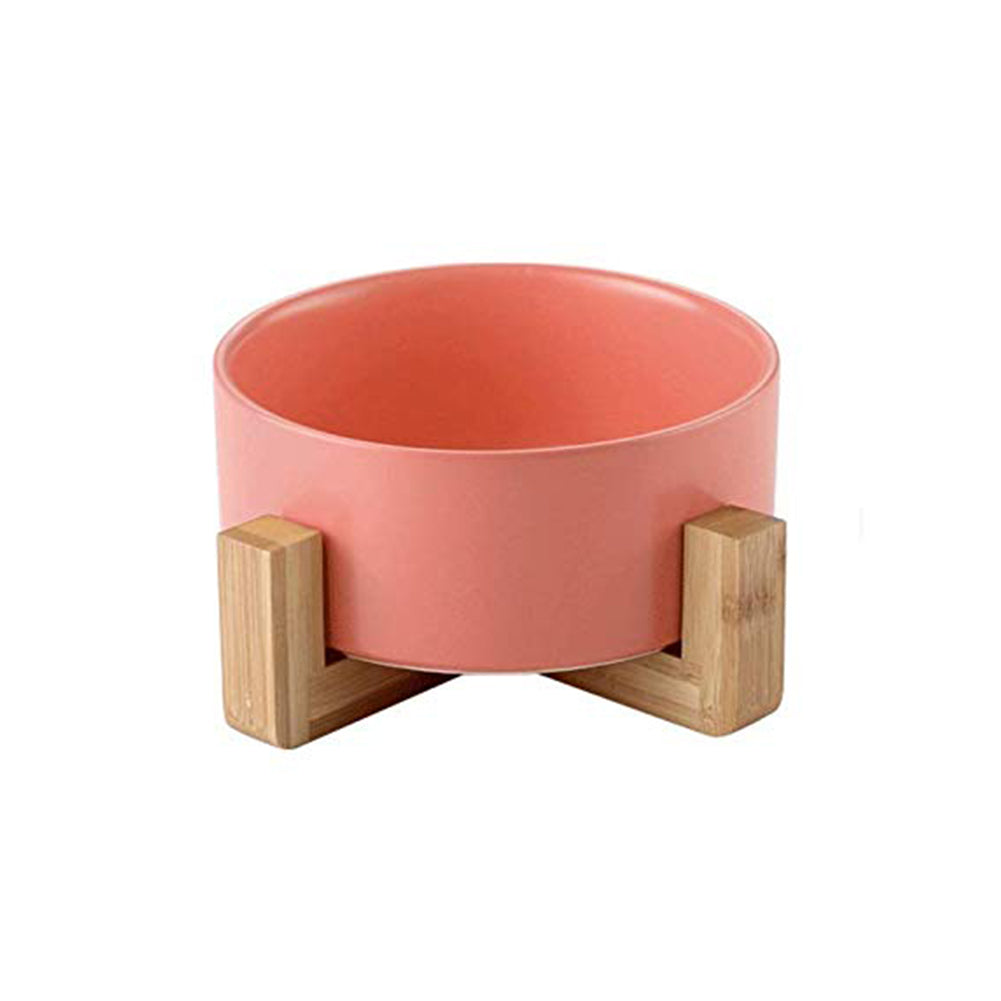 Large Capacity Pet Ceramic Feeding Bowl with Wood Frame for Cat Dog Food Pink