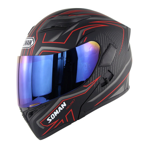 Cool Unisex Double Lens Flip-up Motorcycle Helmet Off-road Safety Helmet Line red with blue lens_XXL