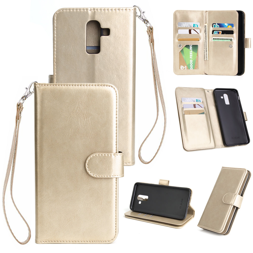 For Samsung J8 2018 PU Non-slip Shockproof Cell Phone Case with 9 Card Slots Lanyard Bracket  gold