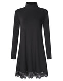 Leadingstar Women's Knitting Turtleneck Long Sleeve Loose Lace Cotton Casual Dress Black