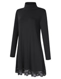 Leadingstar Women's Knitting Turtleneck Long Sleeve Loose Lace Cotton Casual Dress Black