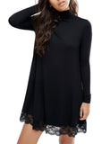 Leadingstar Women's Knitting Turtleneck Long Sleeve Loose Lace Cotton Casual Dress Black