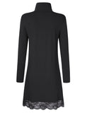 Leadingstar Women's Knitting Turtleneck Long Sleeve Loose Lace Cotton Casual Dress Black