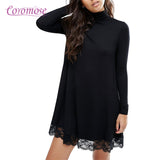 Leadingstar Women's Knitting Turtleneck Long Sleeve Loose Lace Cotton Casual Dress Black