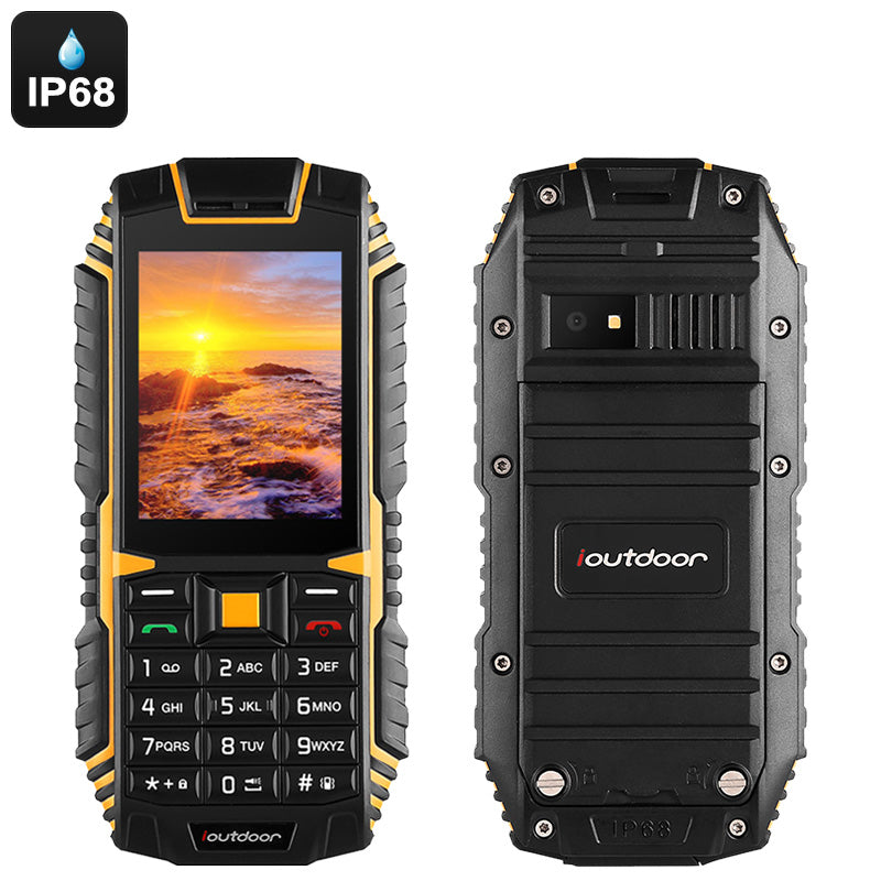 iOutdoor T1 Rugged Phone - IP68 Waterproof, Bluetooth, Dual-IMEI, 2MP Camera, Flashlight, 2100mAh Battery (Yellow)