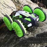 Children Water Land Amphibious Agents Waterproof Double Side Remote Control Stunt Car Toy for Kids green