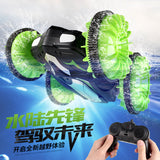 Children Water Land Amphibious Agents Waterproof Double Side Remote Control Stunt Car Toy for Kids green