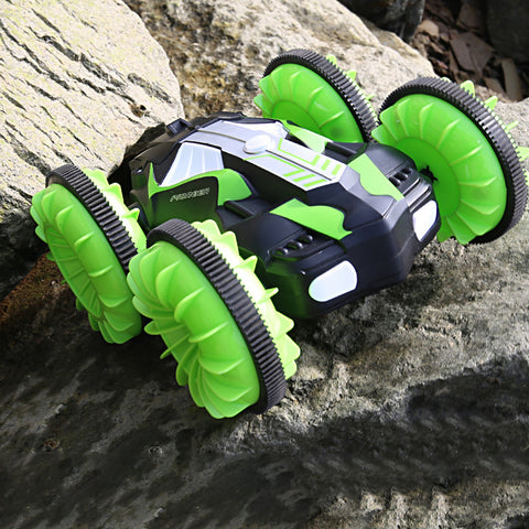 Children Water Land Amphibious Agents Waterproof Double Side Remote Control Stunt Car Toy for Kids green