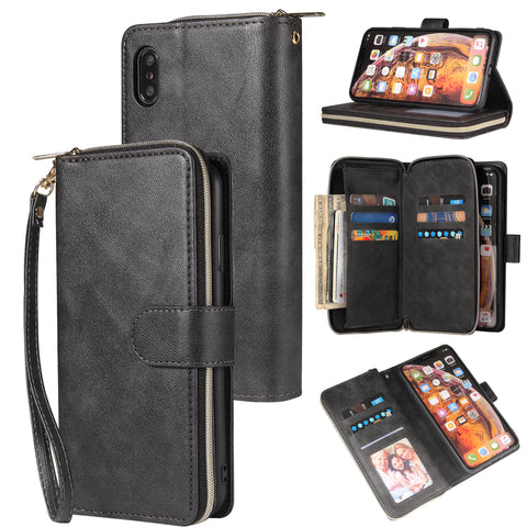 For iphone X/XS/XS MAX/11/11Pro Pu Leather  Mobile Phone Cover Zipper Card Bag + Wrist Strap black