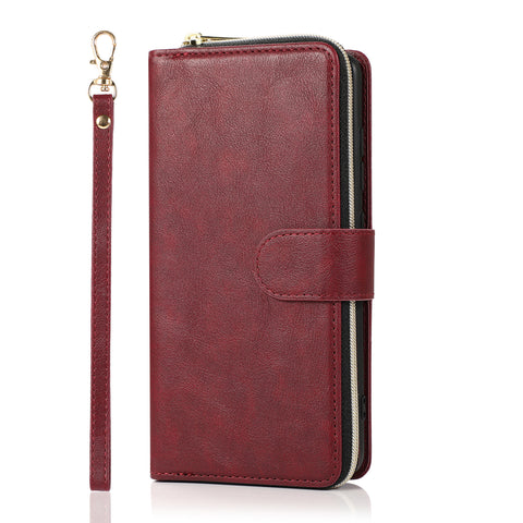 For Samsung A51 5G/A71 5G/Note 10 pro Pu Leather  Mobile Phone Cover Zipper Card Bag + Wrist Strap Red wine