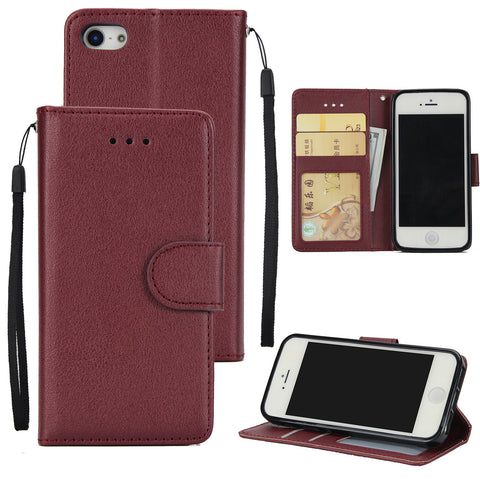 Ultra Slim PU Full Protective Cover Non-slip Shockproof Cell Phone Case with Card Slot for iPhone 5G/5S/5SE Red wine