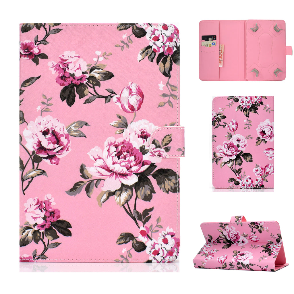 Universal 10Inches Laptop Protective Case with Front Snap Cute Cartoon Color Painted PU Cover  Pink flower